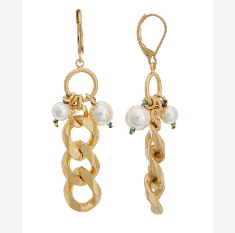 Cabi Wisdom Earrings Brushed Gold Color Chain Faux Pearls Dangle